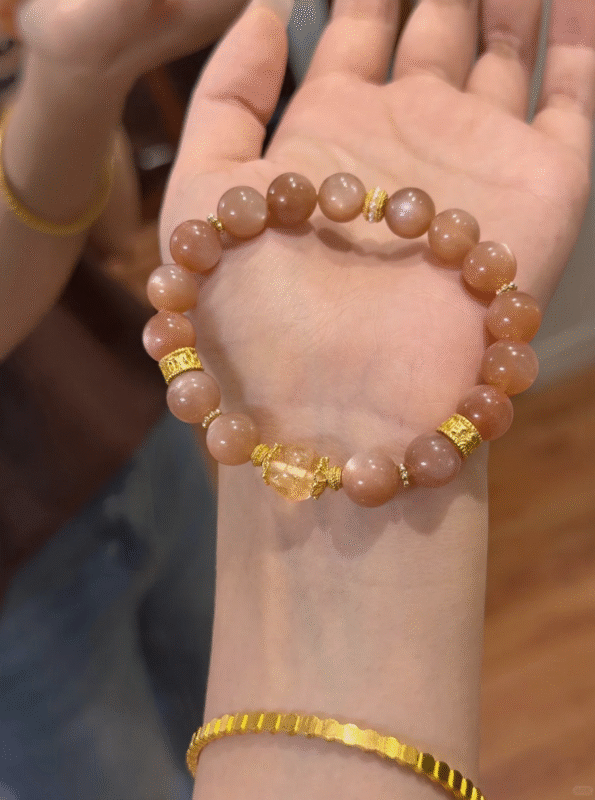 Held Sunstone & Gold Bracelet, Warm Brown Beads with Gold Accents, Fire-Gold Energy Unleashes Warm Creativity