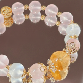 Display of Rose Quartz Bracelet, Multi-Gem Harmony, Earth-Fire-Water-Gold Empowers Gentle Fate