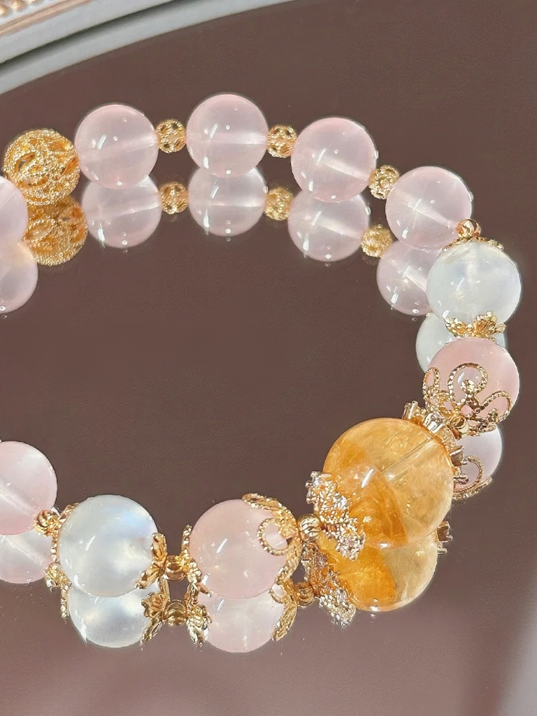 Display of Rose Quartz Bracelet, Multi-Gem Harmony, Earth-Fire-Water-Gold Empowers Gentle Fate