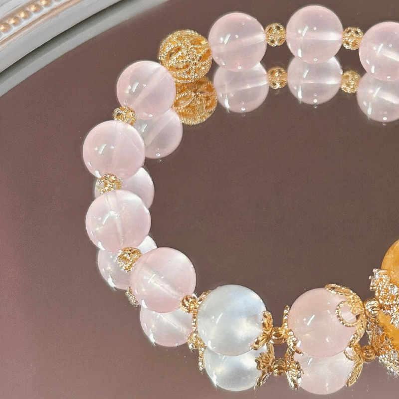 Worn Rose Quartz & Yellow Azeztulite & Moonstone Bracelet with Silver-Gold Accents, Earth-Fire-Water-Gold Energy Awakens Feminine Power