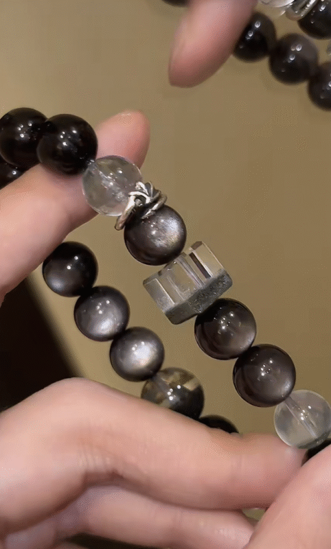 Display of Black Rutilated Quartz Bracelet, Unique Gem Shapes, Water-Wood-Metal Shows Edgy Awakening