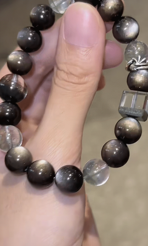 Held Green Phantom & Silver Sheen Obsidian Bracelet, Multi-Gem Edginess, Water-Wood-Metal Empowers Fate Breakthrough