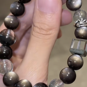 Held Green Phantom & Silver Sheen Obsidian Bracelet, Multi-Gem Edginess, Water-Wood-Metal Empowers Fate Breakthrough