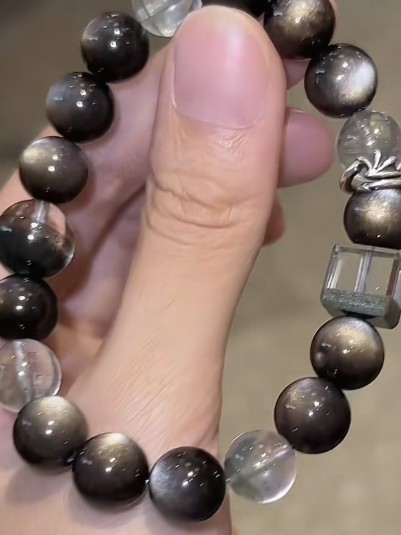 Held Green Phantom & Silver Sheen Obsidian Bracelet, Multi-Gem Edginess, Water-Wood-Metal Empowers Fate Breakthrough