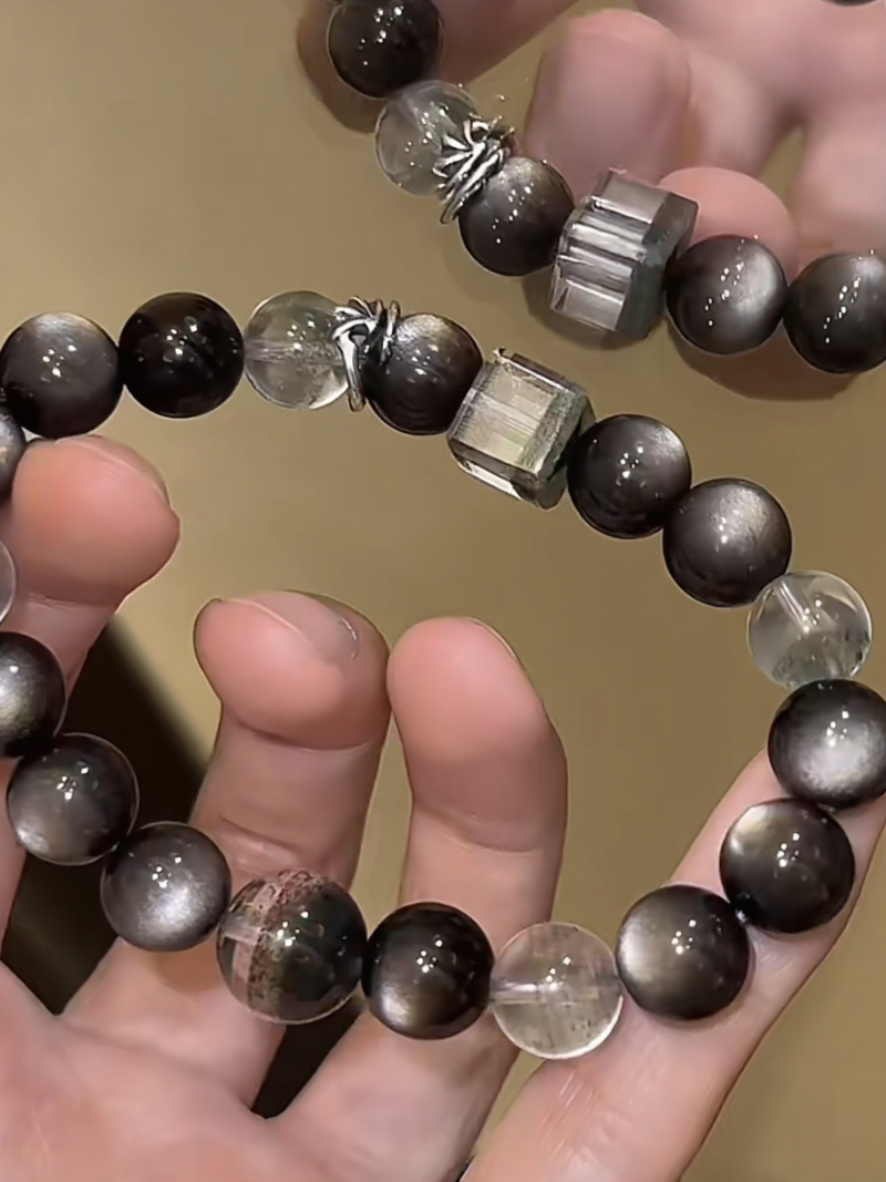 Detail of Black Rutilated Quartz Bracelet, Silver Spacers Accent, Water-Wood-Metal Hides Destiny Whispers