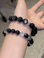 Worn Black Rutilated Quartz & Silver Sheen Obsidian & Green Phantom Bracelet with Silver Accents, Water-Wood-Metal Energy Unleashes Edgy Power