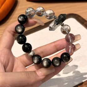 12mm Herkimer Diamond × Black Rutilated Quartz × Silver Sheen Obsidian Bracelet Worn, Double-Terminated Herkimer Leads, Water-Metal-Fire Energy Bursts Breakthrough Edge