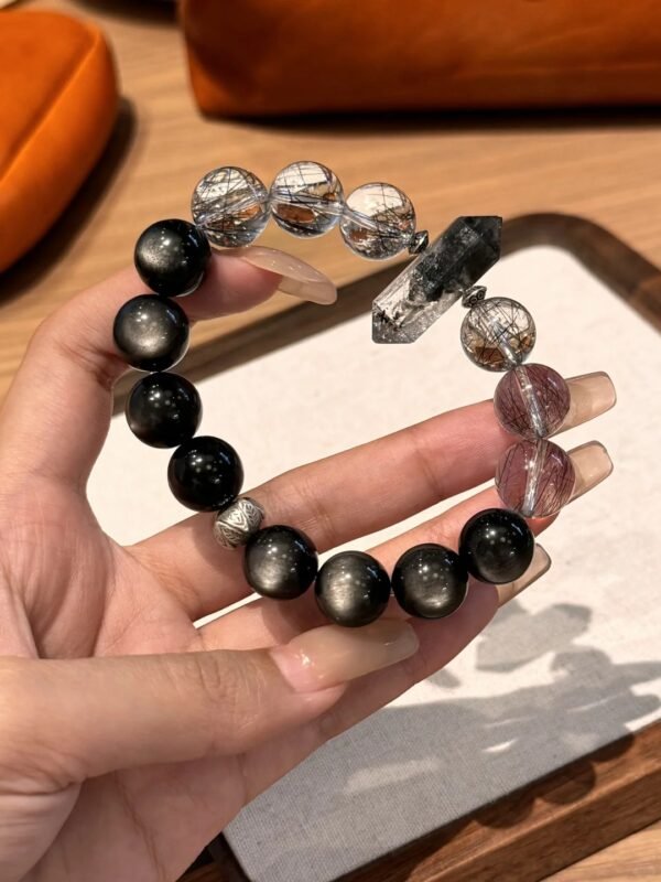 12mm Herkimer Diamond × Black Rutilated Quartz × Silver Sheen Obsidian Bracelet Worn, Double-Terminated Herkimer Leads, Water-Metal-Fire Energy Bursts Breakthrough Edge