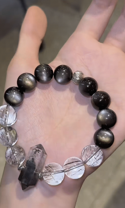 Dual Bracelets Display, Herkimer-Black Rutilated & Green Phantom-Silver Sheen Coexist, Water-Metal-Fire-Wood Energy Blooms Edgy Twin Magic