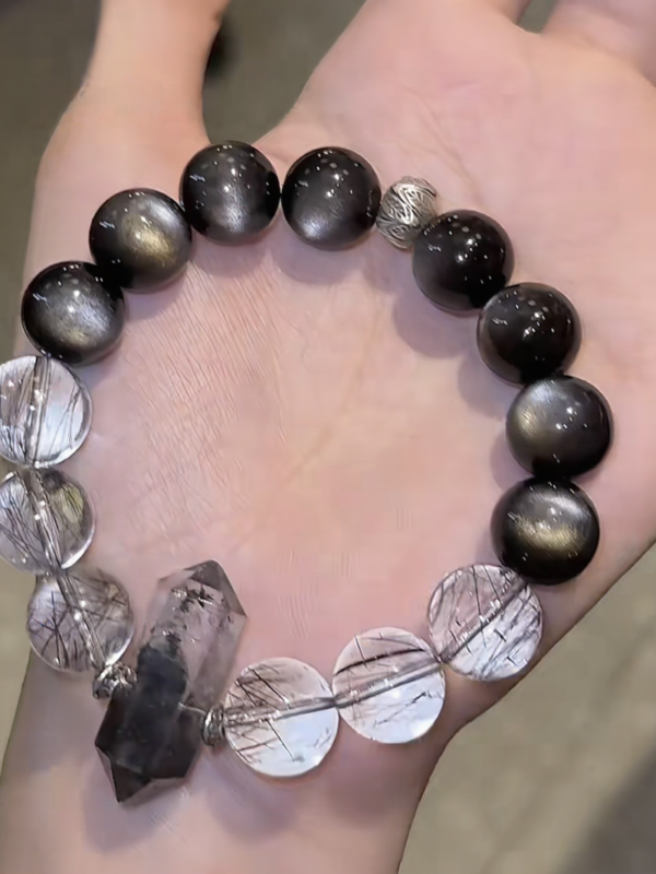 Dual Bracelets Display, Herkimer-Black Rutilated & Green Phantom-Silver Sheen Coexist, Water-Metal-Fire-Wood Energy Blooms Edgy Twin Magic
