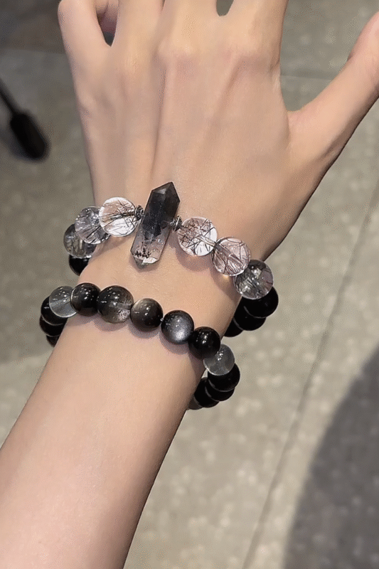 Multi-Angle 10-12mm Green Phantom × Silver Sheen Obsidian Bracelet, Green-Black Echo, Wood-Metal Energy Interprets Balance Charm