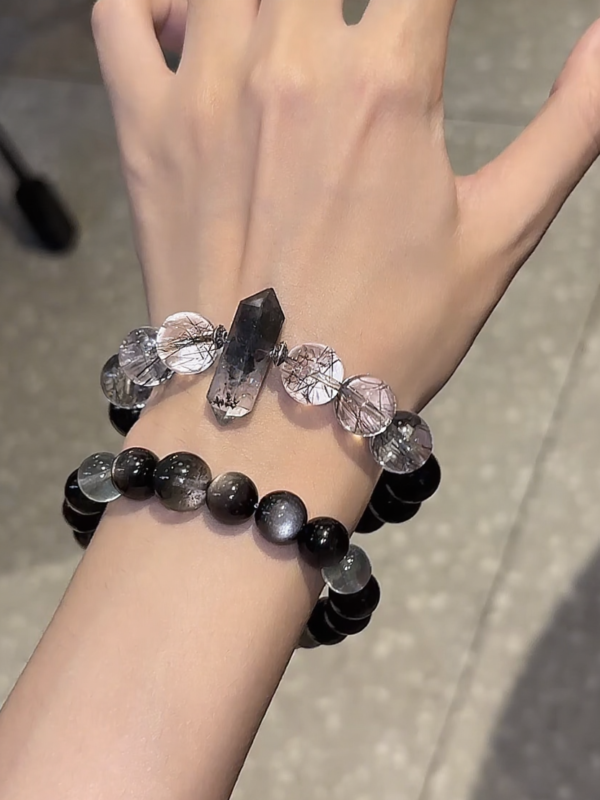 Multi-Angle 10-12mm Green Phantom × Silver Sheen Obsidian Bracelet, Green-Black Echo, Wood-Metal Energy Interprets Balance Charm
