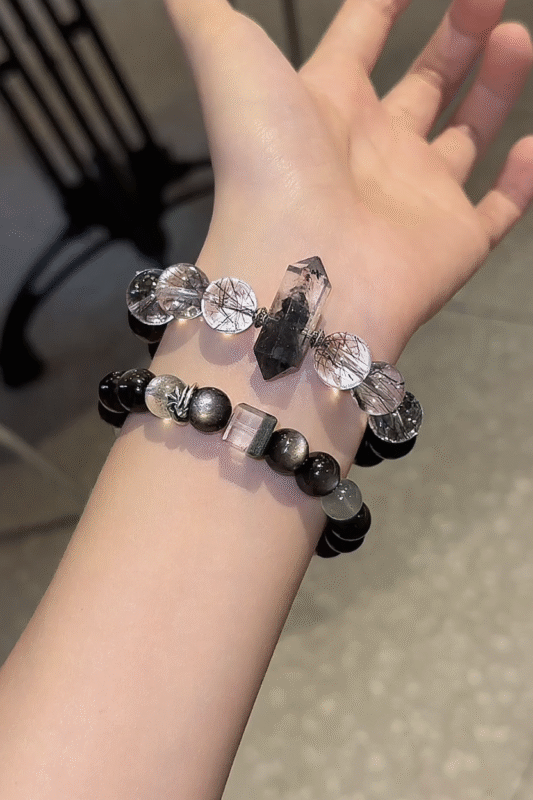 12mm Herkimer Diamond × Black Rutilated Quartz × Silver Sheen Obsidian Bracelet Held, Black-Silver Collision, Water-Metal-Fire Energy Unleashes Edgy Vibe