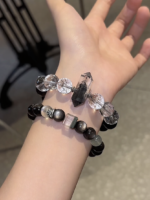 12mm Herkimer Diamond × Black Rutilated Quartz × Silver Sheen Obsidian Bracelet Held, Black-Silver Collision, Water-Metal-Fire Energy Unleashes Edgy Vibe