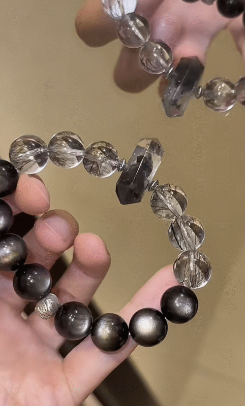 Multi-Angle 12mm Herkimer Diamond × Black Rutilated Quartz × Silver Sheen Obsidian Bracelet, Black-Silver Interweave, Water-Metal-Fire Energy Performs Edgy Philosophy