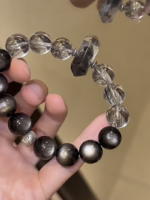 Multi-Angle 12mm Herkimer Diamond × Black Rutilated Quartz × Silver Sheen Obsidian Bracelet, Black-Silver Interweave, Water-Metal-Fire Energy Performs Edgy Philosophy