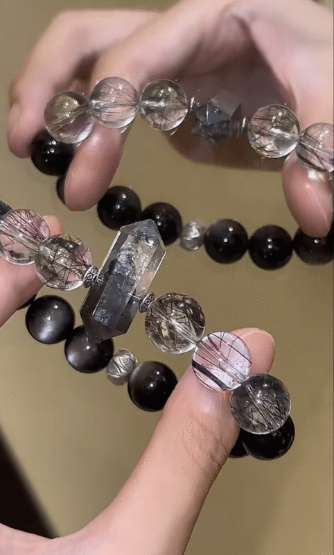 10-12mm Green Phantom (Cube) × Silver Sheen Obsidian Bracelet Worn, Cube Shape Stands Out, Wood-Metal Energy Ignites Creative Edge