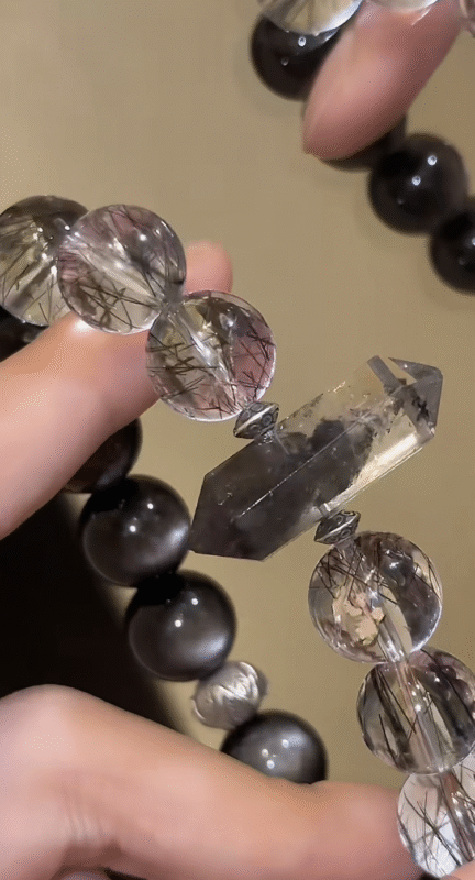 Detail of 12mm Herkimer Diamond × Black Rutilated Quartz × Silver Sheen Obsidian Bracelet, Herkimer’s Ice Cracks, Water-Metal-Fire Energy Hides Edgy Whispers