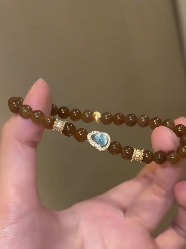 Held Nephrite Sugar Jade & Aquamarine Gourd Bracelet, Brown-Oily Sugar Jade, Earth-Water Energy Shows Healing Charm