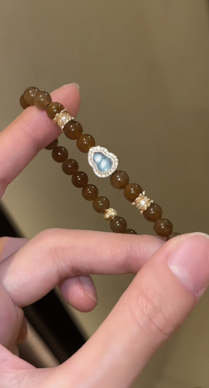 Multi-Angle Nephrite Sugar Jade & Aquamarine Gourd Bracelet, Oily Sugar Jade, Earth-Water Energy Shows Warm Philosophy