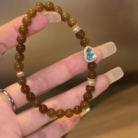 Detail of Nephrite Sugar Jade & Aquamarine Gourd Bracelet, Brown-Oily Sugar Jade, Aquamarine Gourd with Silver-Gold Plating, Earth-Water Energy Shows Gentle Protection