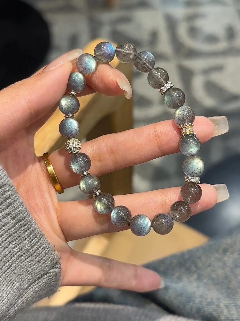 Worn Gray Moonstone & Silver Bracelet, Gray Moonstone’s Cool Touch, Water-Gold Energy Anchors Inner Order