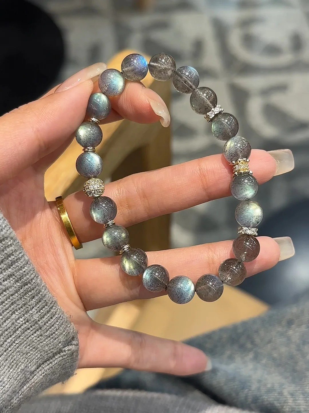 Worn Gray Moonstone & Silver Bracelet, Gray Moonstone’s Cool Touch, Water-Gold Energy Anchors Inner Order