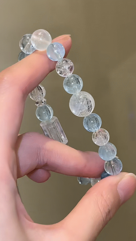 Detail of Multi-Aquamarine Bracelet, Needle Inclusions in Blue-Needle Aquamarine, Water Energy Interprets Spiritual Philosophy