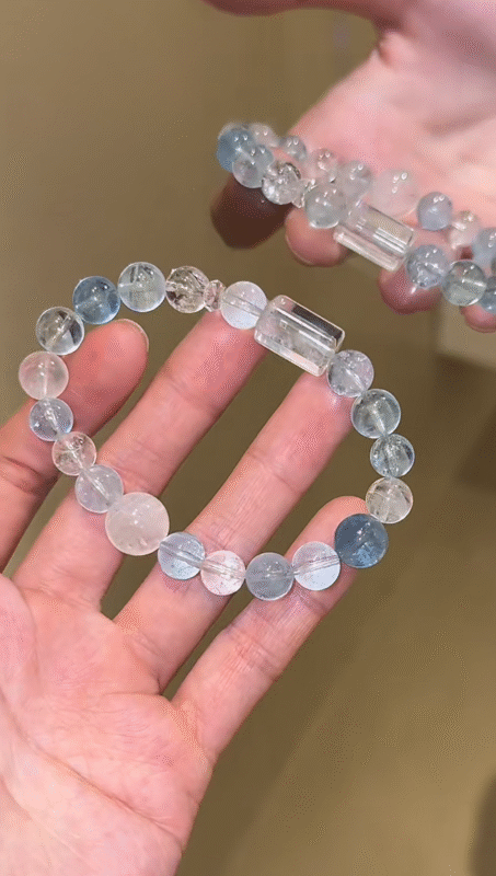 Held Multi-Aquamarine Bracelet, Ice-Flake Aquamarine Clarity, White Azeztulite & Blue Moonstone Accents, Water Energy Sparks Intuition Resonance