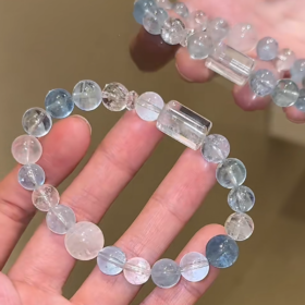 Held Multi-Aquamarine Bracelet, Ice-Flake Aquamarine Clarity, White Azeztulite & Blue Moonstone Accents, Water Energy Sparks Intuition Resonance