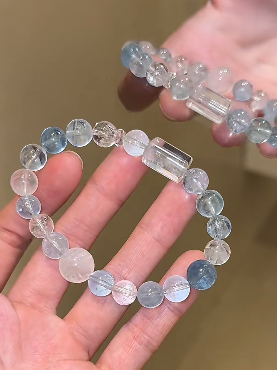 Held Multi-Aquamarine Bracelet, Ice-Flake Aquamarine Clarity, White Azeztulite & Blue Moonstone Accents, Water Energy Sparks Intuition Resonance