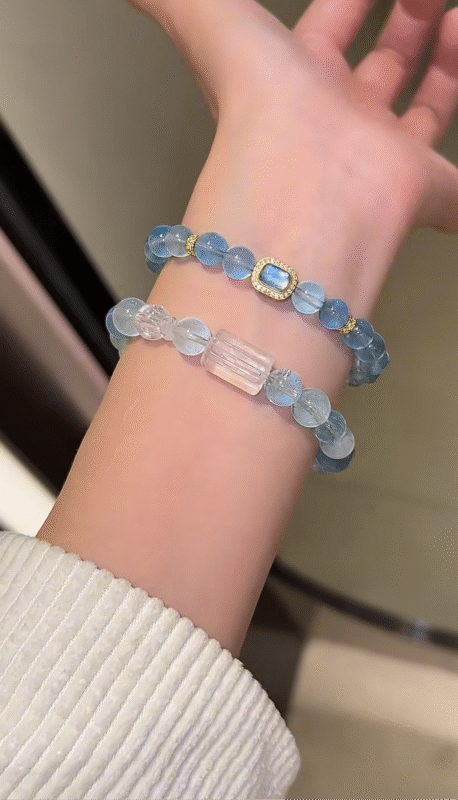 Worn Multi-Aquamarine Bracelet, Old-Mine Aquamarine & Blue-Needle, Water Energy Unleashes Communication Power