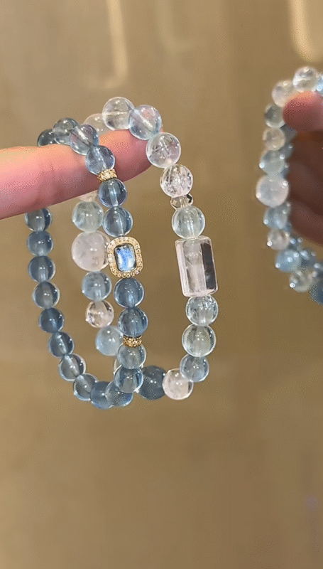 Stacked Devil’s Blue Aquamarine & Silver-Gold Bracelet, Translucent Glow, Water-Gold Energy Anchors Mental Balance