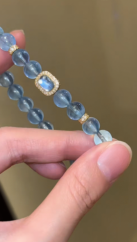 Detail of Devil’s Blue Aquamarine & Silver-Gold Bracelet, Silver-Gold Spacers, Water-Gold Energy Shows Order Philosophy