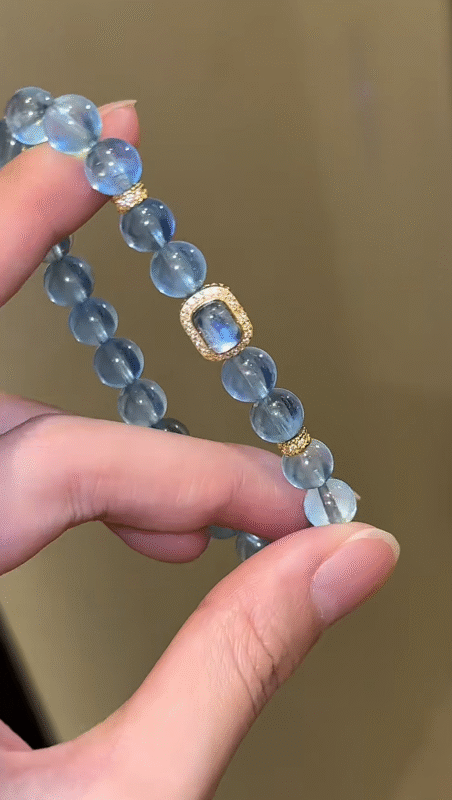 Held Devil’s Blue Aquamarine & Silver-Gold Bracelet, Square Charm with Blue Moonstone, Water-Gold Energy Sparks Intuition Resonance