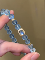 Held Devil’s Blue Aquamarine & Silver-Gold Bracelet, Square Charm with Blue Moonstone, Water-Gold Energy Sparks Intuition Resonance