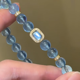 Close-Up of Devil’s Blue Aquamarine & S925 Silver-Gold Bracelet, Icy Blue Clarity, Water-Gold Energy Unleashes Communication Power