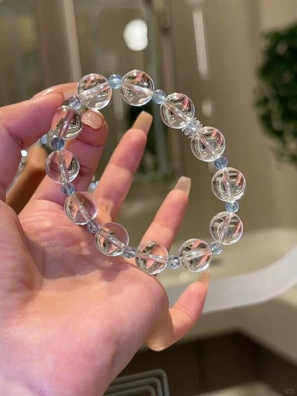 Worn Clear Quartz & Aquamarine Bracelet, Quartz’s Icy Transparency, Aquamarine’s Cool Clarity, Water-Gold Energy Anchors Inner Order