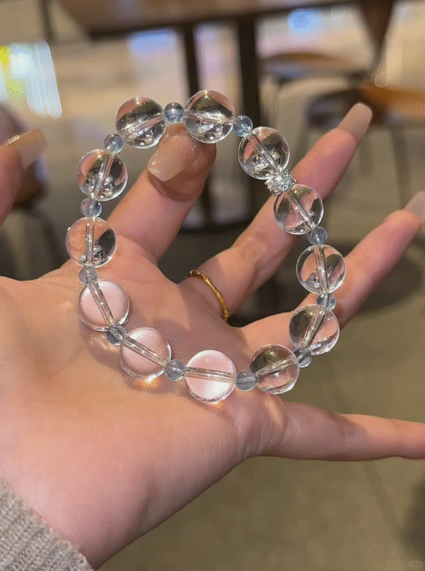 Held Clear Quartz & Aquamarine Bracelet, Quartz Beads’ Glow, Aquamarine Spacers, Water-Gold Energy Hides Spiritual Whispers