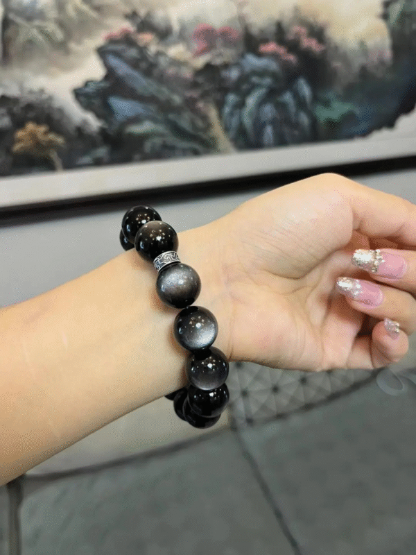 Worn Silver Sheen Obsidian Bracelet, Edgy Black Beads, Water-Metal Hides Fate Protection Whispers