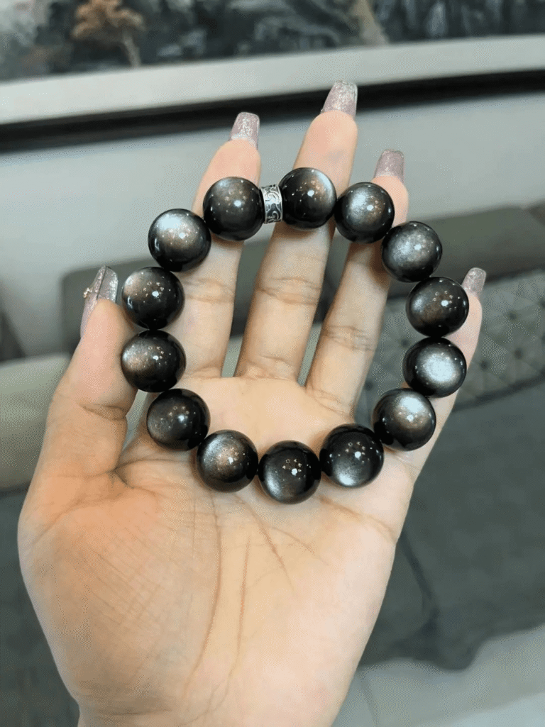 Held Silver Sheen Obsidian & Silver Bracelet, Shiny Black Beads with Silver Accents, Water-Metal Energy Unleashes Protection Power