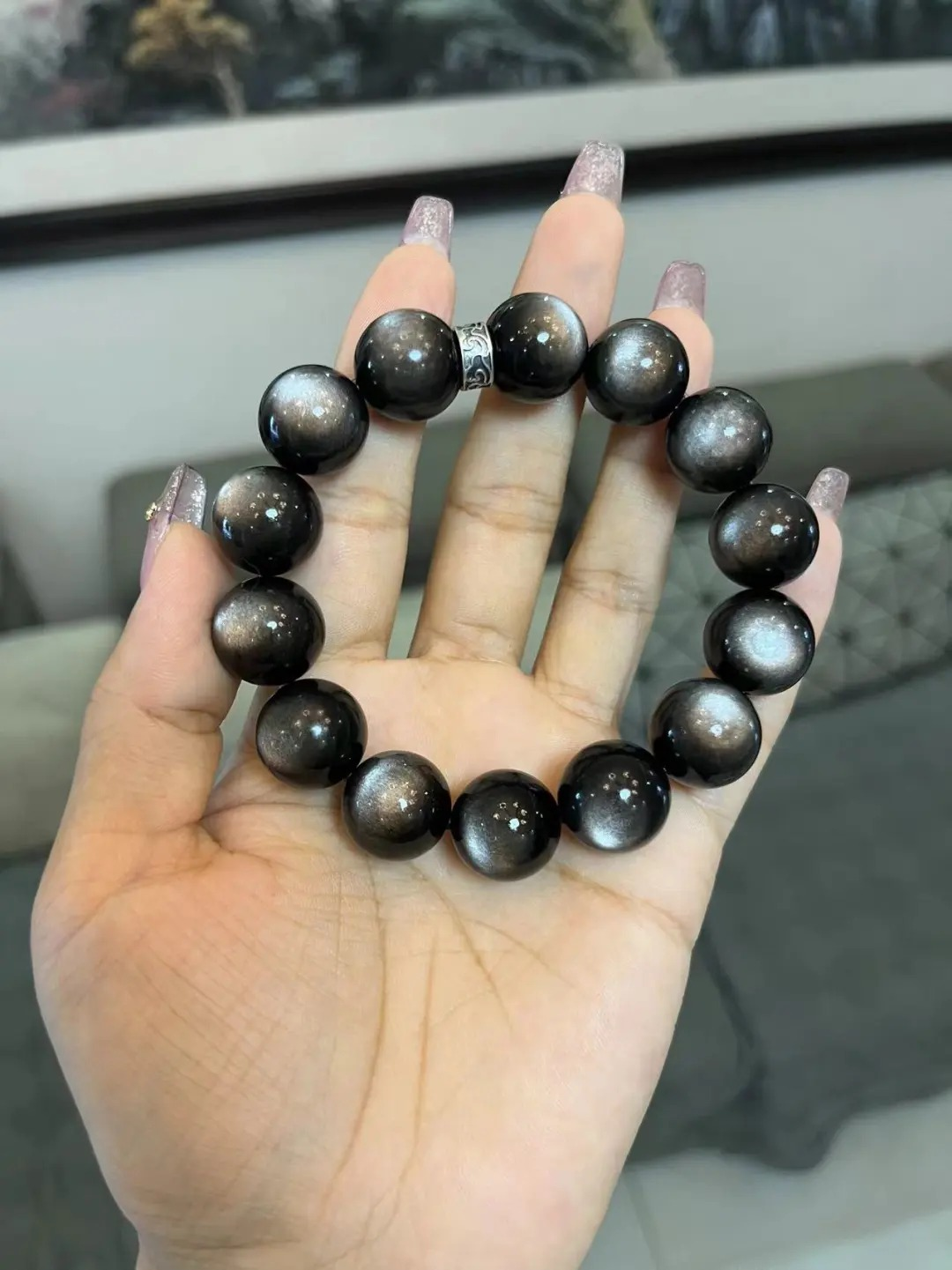 Held Silver Sheen Obsidian & Silver Bracelet, Shiny Black Beads with Silver Accents, Water-Metal Energy Unleashes Protection Power