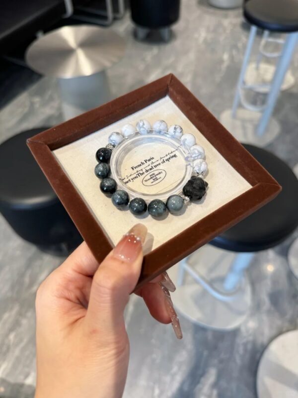 Display of Howlite & Hawk’s Eye Bracelet, Symmetric Design, Earth-Fire-Water-Metal Locks Zen Luck