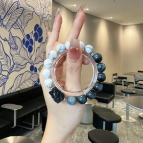 Held Howlite & Hawk’s Eye Bracelet, 10mm Beads, Earth-Fire-Water-Metal Shows Ink-Wash Awakening