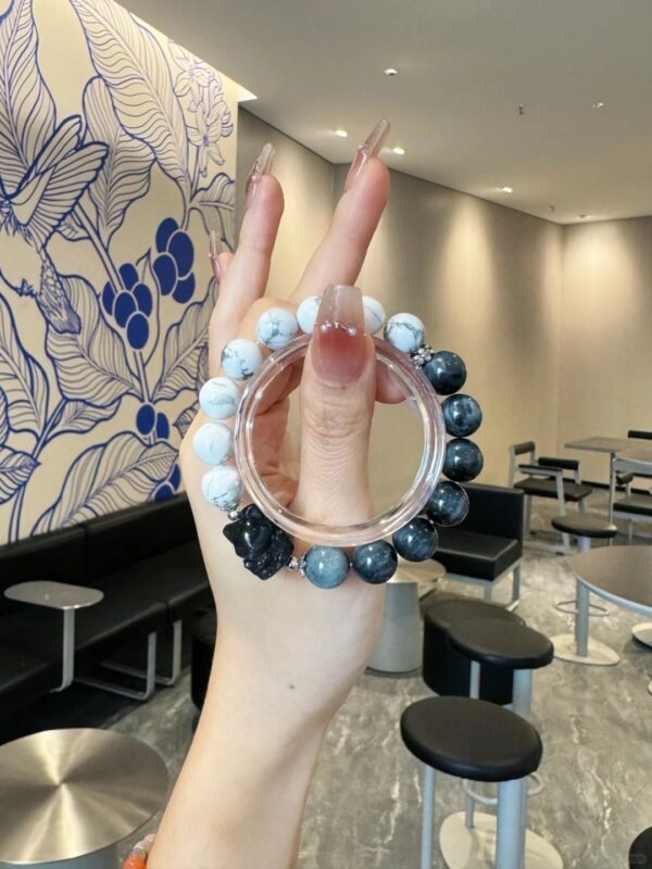 Held Howlite & Hawk’s Eye Bracelet, 10mm Beads, Earth-Fire-Water-Metal Shows Ink-Wash Awakening