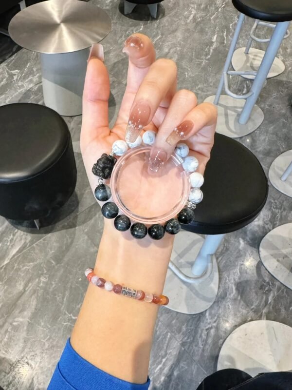 Worn Howlite & Hawk’s Eye Bracelet, Multi-Gem Edge, Earth-Fire-Water-Metal Hides Spiritual Whispers