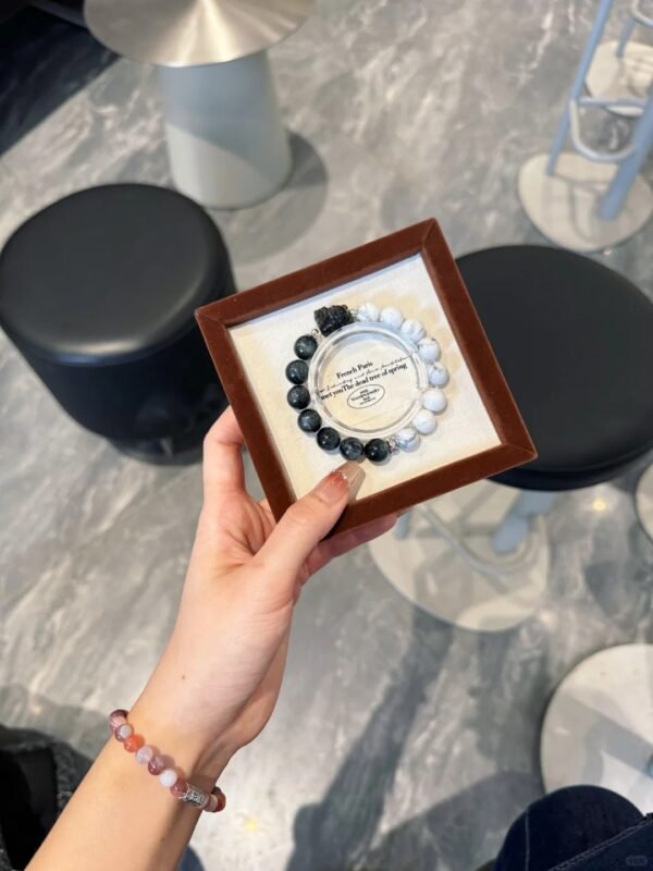 Display of Howlite & Hawk’s Eye Bracelet, Ink-Wash Aesthetic, Earth-Fire-Water-Metal Energy Unleashes Zen Power