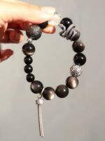 Held Double-Eye Silver Sheen Obsidian & Black Tourmaline Bracelet, Multi-Gem Edge, Water-Metal Shows Dark Awakening
