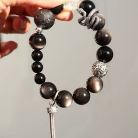 Held Double-Eye Silver Sheen Obsidian & Black Tourmaline Bracelet, Multi-Gem Edge, Water-Metal Shows Dark Awakening