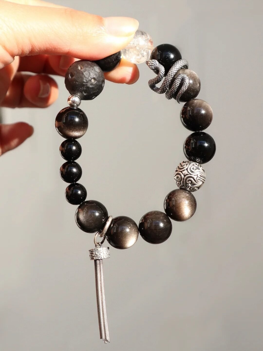 Held Double-Eye Silver Sheen Obsidian & Black Tourmaline Bracelet, Multi-Gem Edge, Water-Metal Shows Dark Awakening